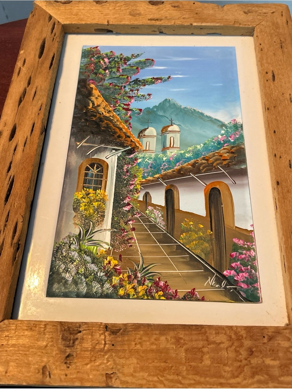 Mexican folk art Hand-Painted Scenic Pathway Wall Art in Blue, Green & Pink